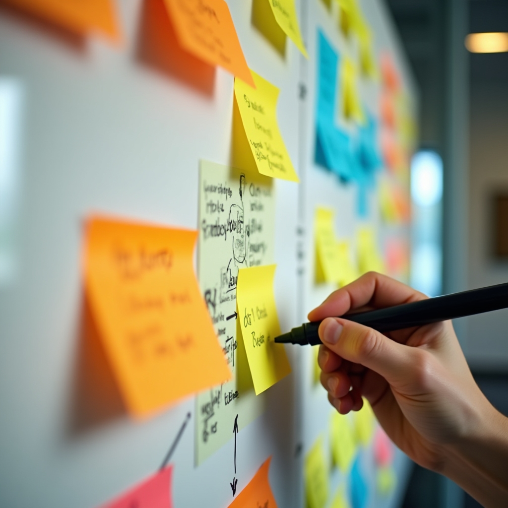 Zeď s post-it lístky při ideaci